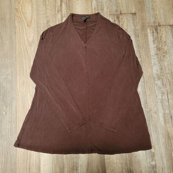 Eileen Fisher Top Womens Small Brown Long Sleeve Stretch V Neck Shirt - Picture 2 of 7